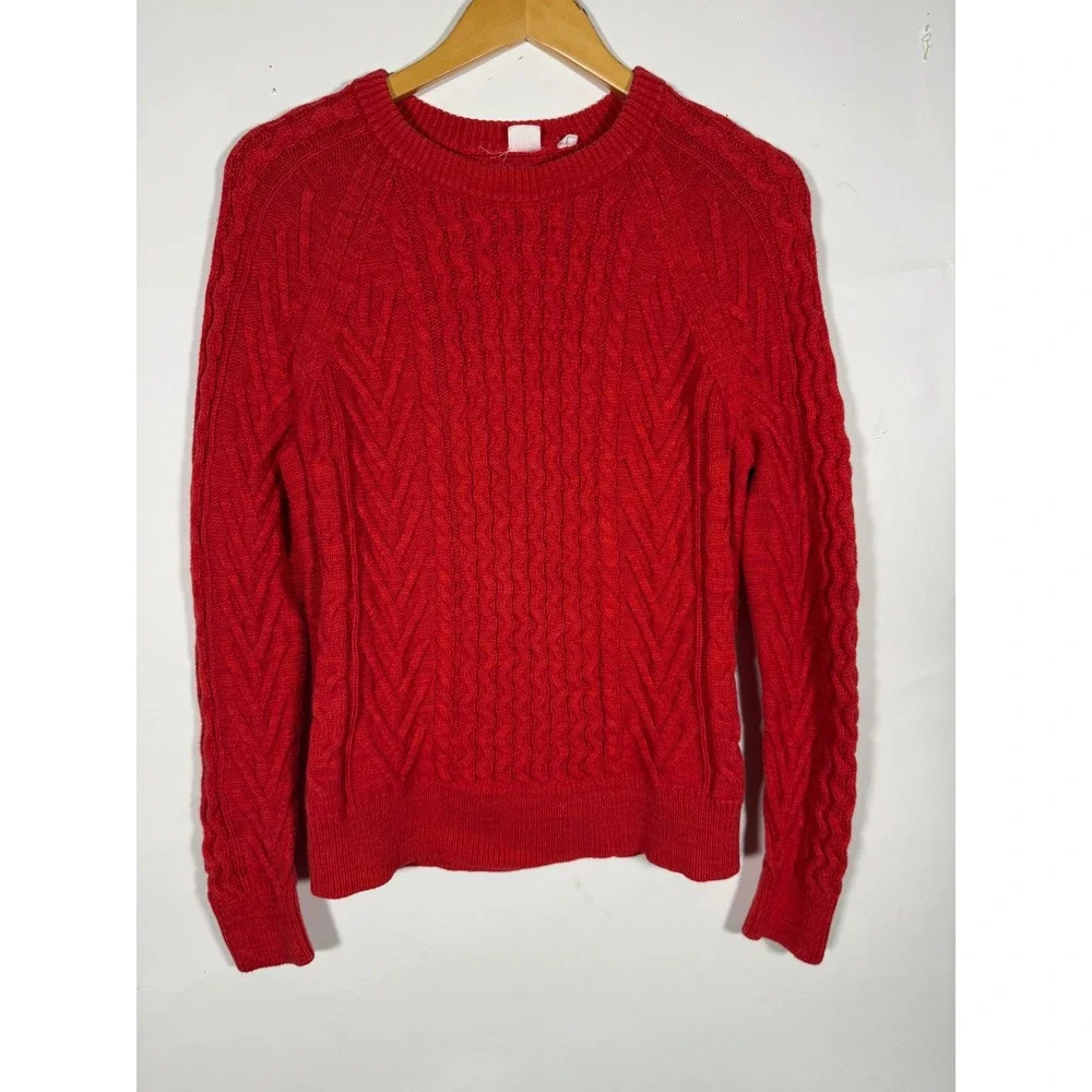Gap Red Cable Knit Sweater Mens Medium Crew Neck Raglan Long Sleeve Pullover